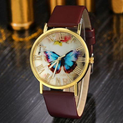 Fashion Butterfly PU Leather Strap Watch